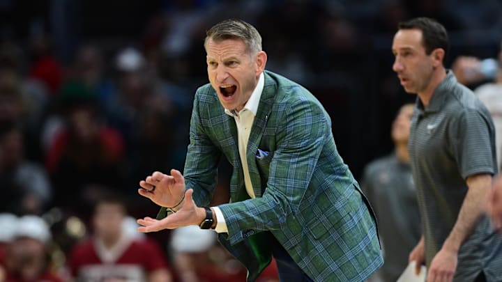 Mar 21, 2025; Cleveland, OH, USA; Alabama Crimson Tide head coach Nate Oats reacts in the second half against the Robert Morris Colonials during the NCAA Tournament First Round at Rocket Arena. Mar 21, 2025; Cleveland, OH, USA; Alabama Crimson Tide head coach Nate Oats reacts in the second half against the Robert Morris Colonials during the NCAA Tournament First Round at Rocket Arena.