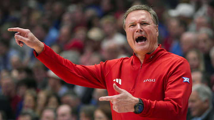 Feb 3, 2025; Lawrence, Kansas, USA; Kansas Jayhawks head coach Bill Self reacts during the first half against the Iowa State Cyclones at Allen Fieldhouse. Mandatory Credit: Jay Biggerstaff-Imagn Images