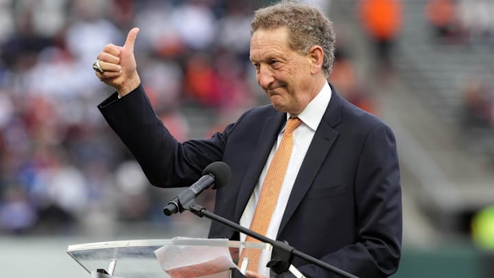 Sep 17, 2022; San Francisco, California, USA; San Francisco Giants president and chief executive officer Larry Baer during an on-field ceremony before the game against the Los Angeles Dodgers at Oracle Park. 