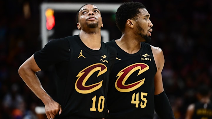 May 13, 2025; Cleveland, Ohio, USA; Cleveland Cavaliers guard Darius Garland (10) and guard Donovan Mitchell (45) react during the second half against the Indiana Pacers in game five of the second round for the 2025 NBA Playoffs at Rocket Arena. Mandatory Credit: Ken Blaze-Imagn Images