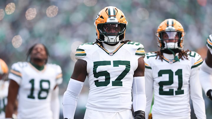 Jan 12, 2025; Philadelphia, Pennsylvania, USA; Green Bay Packers defensive end Brenton Cox Jr. (57) before action against the Philadelphia Eagles in an NFC wild card game at Lincoln Financial Field. Mandatory Credit: Bill Streicher-Imagn Images
