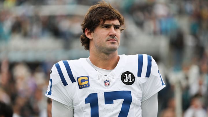 Dec 7, 2025; Jacksonville, Florida, USA; Indianapolis Colts quarterback Daniel Jones (17) stands on the field prior to a game against the Jacksonville Jaguars at EverBank Stadium. Dec 7, 2025; Jacksonville, Florida, USA; Indianapolis Colts quarterback Daniel Jones (17) stands on the field prior to a game against the Jacksonville Jaguars at EverBank Stadium.