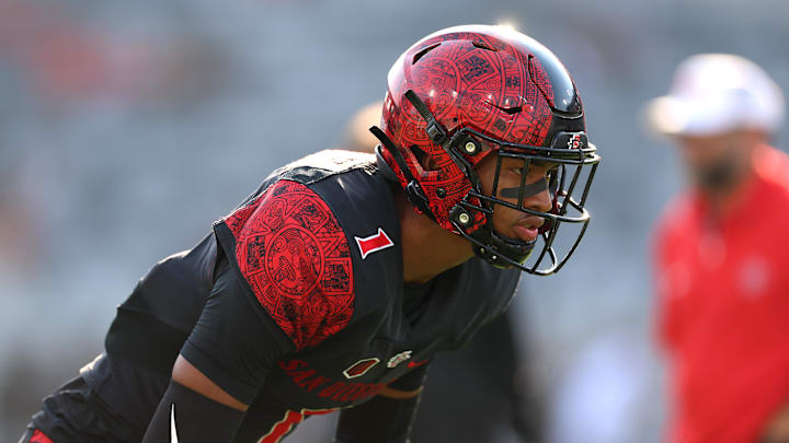 Oct 5, 2024; San Diego, California, USA; San Diego State Aztecs cornerback Chris Johnson (1) warms up against the Hawaii Rainbow Warriors before the game at Snapdragon Stadium. Mandatory Credit: Abe Arredondo-Imagn Images