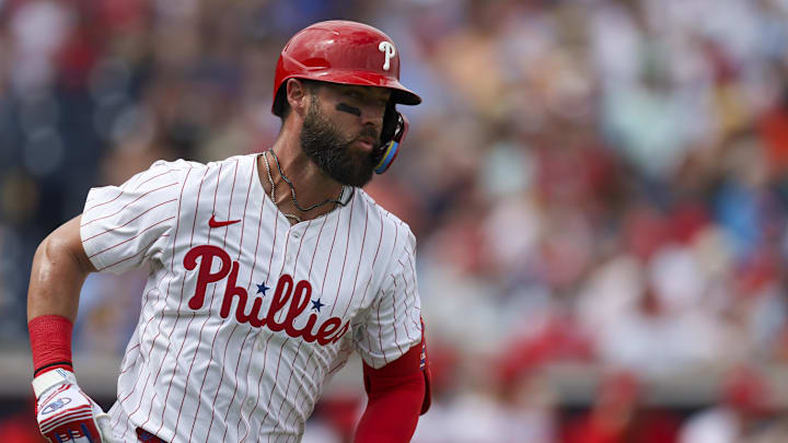 Philadelphia Phillies second baseman Weston Wilson (37) runs to first on a base hit against the Toronto Blue Jays in the second inning at BayCare Ballpark