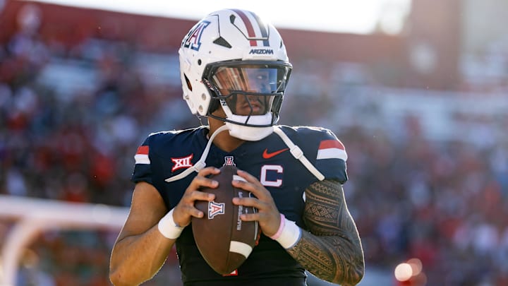 Nov 8, 2025; Tucson, Arizona, USA; Arizona Wildcats quarterback Noah Fifita (1) against the Kansas Jayhawks at Arizona Stadium. Mandatory Credit: Mark J. Rebilas-Imagn Images Nov 8, 2025; Tucson, Arizona, USA; Arizona Wildcats quarterback Noah Fifita (1) against the Kansas Jayhawks at Arizona Stadium. Mandatory Credit: Mark J. Rebilas-Imagn Images