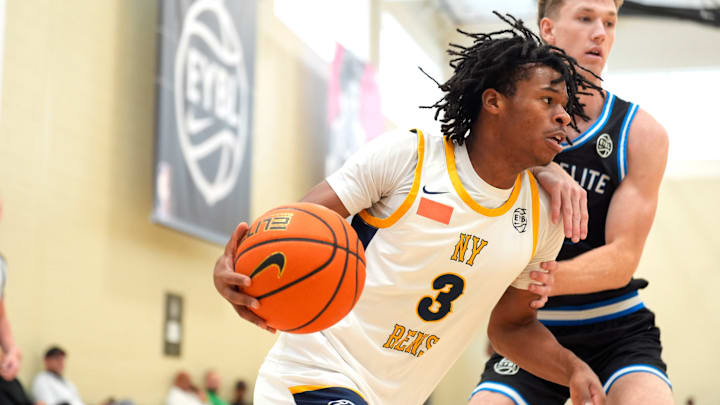 July 15, 2025; North Augusta, South Carolina, USA; NY Rens Jasiah Jervis (3) moves towards the basket during the NY Rens and JL3 game at Nike EYBL Peach Jam at Riverview Park Activities Center. The NY Rens won 83-53. Mandatory Credit: Katie Goodale - Augusta Chronicle/USA TODAY NETWORK