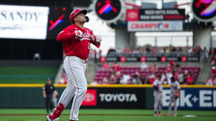Apr 14, 2026; Cincinnati, Ohio, USA; Cincinnati Reds third baseman Sal Stewart (27) runs the bases after hitting a solo home run against the San Francisco Giants in the fourth inning at Great American Ball Park. Mandatory Credit: Aaron Doster-Imagn Images Apr 14, 2026; Cincinnati, Ohio, USA; Cincinnati Reds third baseman Sal Stewart (27) runs the bases after hitting a solo home run against the San Francisco Giants in the fourth inning at Great American Ball Park. Mandatory Credit: Aaron Doster-Imagn Images