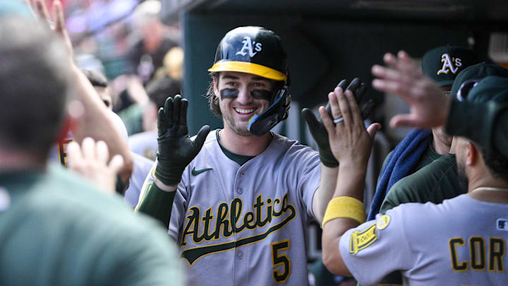 Sep 1, 2025; St. Louis, Missouri, USA; Athletics shortstop Jacob Wilson (5) is congratulated by teammates after scoring against the St. Louis Cardinals during the seventh inning at Busch Stadium. Mandatory Credit: Jeff Curry-Imagn Images Sep 1, 2025; St. Louis, Missouri, USA; Athletics shortstop Jacob Wilson (5) is congratulated by teammates after scoring against the St. Louis Cardinals during the seventh inning at Busch Stadium. Mandatory Credit: Jeff Curry-Imagn Images