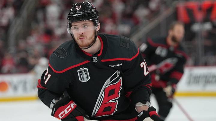 Jun 4, 2026; Raleigh, North Carolina, USA; Carolina Hurricanes defenseman Alexander Nikishin (21) warms up before a game against the Vegas Golden Knights in game two of the 2026 Stanley Cup Final at Lenovo Center. Mandatory Credit: James Guillory-Imagn Images