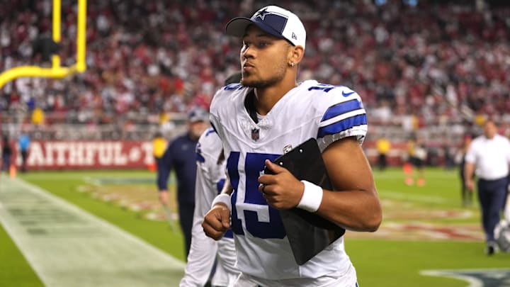Oct 8, 2023; Santa Clara, California, USA; Dallas Cowboys quarterback Trey Lance (15) jogs off of the field during halftime against the San Francisco 49ers at Levi's Stadium. Mandatory Credit: Darren Yamashita-USA TODAY Sports