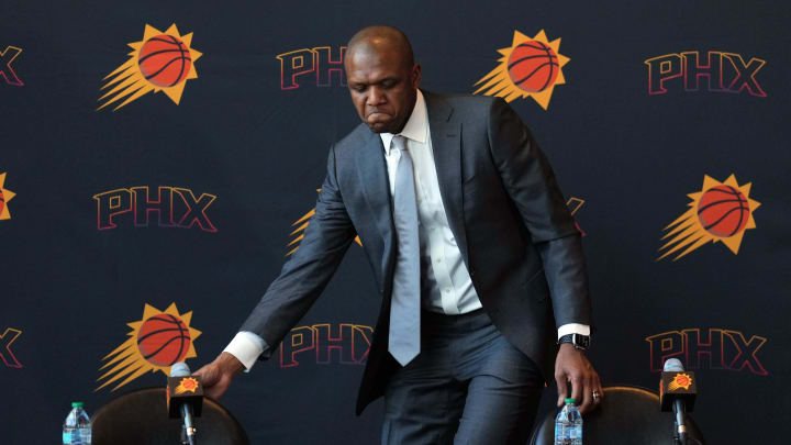 May 17, 2024; Phoenix, AZ, USA; Phoenix Suns General Manager James Jones arrives during a press conference to announce Mike Budenholzer as head coach. Mandatory Credit: Joe Camporeale-USA TODAY Sports