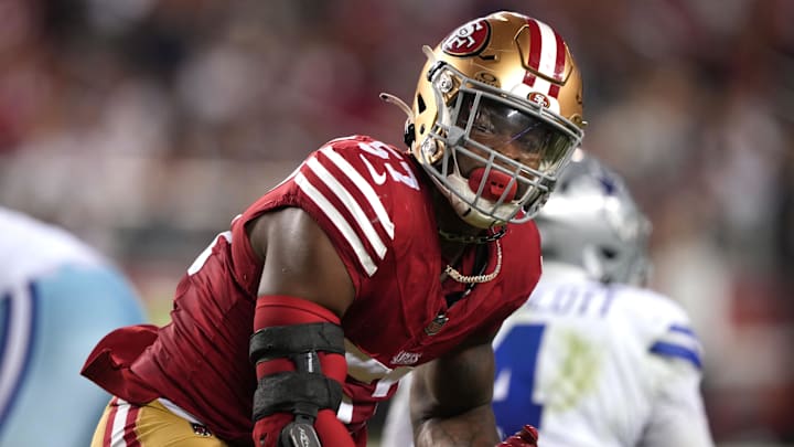 Oct 8, 2023; Santa Clara, California, USA; San Francisco 49ers linebacker Dre Greenlaw (57) reacts after a sack against the Dallas Cowboys during the second quarter at Levi's Stadium.