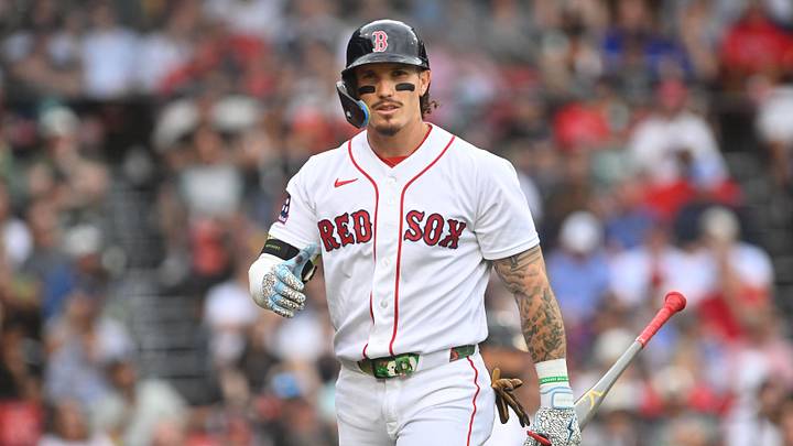 Jun 18, 2026; Boston, Massachusetts, USA; Boston Red Sox left fielder Jarren Duran (16) looks on after striking out against the Toronto Blue Jays during the second inning at Fenway Park. Mandatory Credit: Eric Canha-Imagn Images