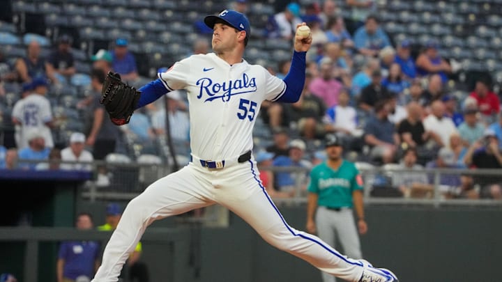 Sep 17, 2025; Kansas City, Missouri, USA; Kansas City Royals starting pitcher Cole Ragans (55) delivers a pitch against the Seattle Mariners during the first inning at Kauffman Stadium. Mandatory Credit: Denny Medley-Imagn Images