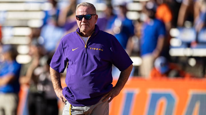 Nov 16, 2024; Gainesville, Florida, USA; LSU Tigers head coach Brian Kelly looks on before a game against the Florida Gators at Ben Hill Griffin Stadium. Mandatory Credit: Matt Pendleton-Imagn Images Nov 16, 2024; Gainesville, Florida, USA; LSU Tigers head coach Brian Kelly looks on before a game against the Florida Gators at Ben Hill Griffin Stadium. Mandatory Credit: Matt Pendleton-Imagn Images