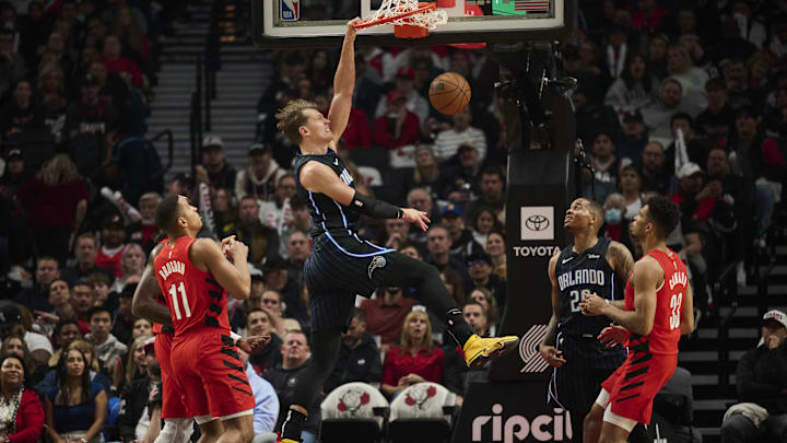 Oct 27, 2023; Portland, Oregon, USA; Orlando Magic center Moritz Wagner (21) dunks the basketball