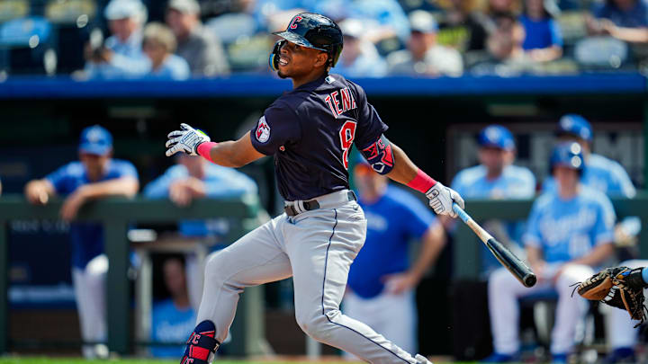Sep 20, 2023; Kansas City, Missouri, USA; Cleveland Guardians shortstop Jose Tena (8) bats during the fourth inning against the Kansas City Royals at Kauffman Stadium. Mandatory Credit: Jay Biggerstaff-USA TODAY Sports Sep 20, 2023; Kansas City, Missouri, USA; Cleveland Guardians shortstop Jose Tena (8) bats during the fourth inning against the Kansas City Royals at Kauffman Stadium. Mandatory Credit: Jay Biggerstaff-USA TODAY Sports