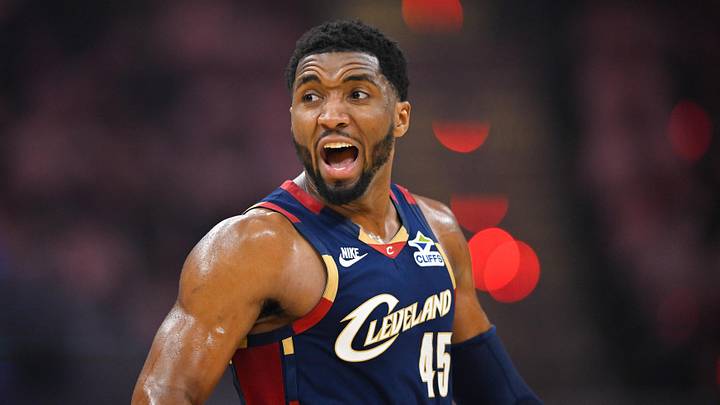 May 23, 2026; Cleveland, Ohio, USA; Cleveland Cavaliers guard Donovan Mitchell (45) reacts in the third quarter against the New York Knicks during game three of the eastern conference finals for the 2026 NBA playoffs at Rocket Arena. Mandatory Credit: David Richard-Imagn Images
