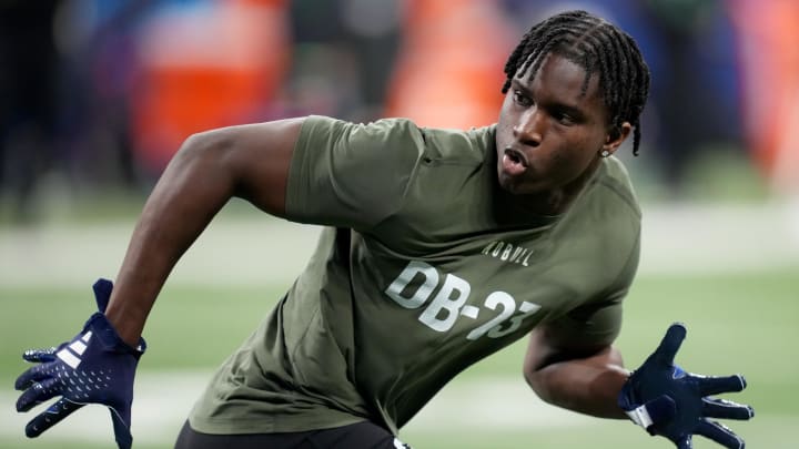 Mar 1, 2024; Indianapolis, IN, USA; Georgia defensive back Kamari Lassiter (DB23) works out during the 2024 NFL Combine at Lucas Oil Stadium. Mandatory Credit: Kirby Lee-USA TODAY Sports