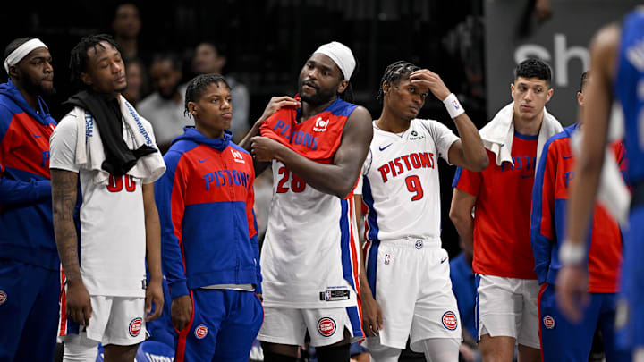 Mar 21, 2025; Dallas, Texas, USA; The Detroit Pistons bench reacts to a foul call during the second half against the Dallas Mavericks at the American Airlines Center. Mandatory Credit: Jerome Miron-Imagn Images