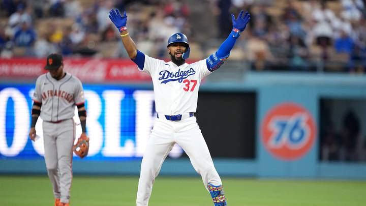 May 14, 2026; Los Angeles, California, USA; Los Angeles Dodgers left fielder Teoscar Hernandez (37) celebrates after hitting a double against the San Francisco Giants in the second inning at Dodger Stadium. Mandatory Credit: Kirby Lee-Imagn Images