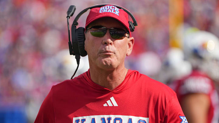 Sep 28, 2024; Kansas City, Missouri, USA; Kansas Jayhawks head coach Lance Leipold on field against the TCU Horned Frogs during the first half at GEHA Field at Arrowhead Stadium. Mandatory Credit: Denny Medley-Imagn Images Sep 28, 2024; Kansas City, Missouri, USA; Kansas Jayhawks head coach Lance Leipold on field against the TCU Horned Frogs during the first half at GEHA Field at Arrowhead Stadium. Mandatory Credit: Denny Medley-Imagn Images