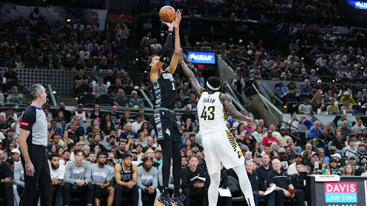 Mar 3, 2024; San Antonio, Texas, USA; San Antonio Spurs center Victor Wembanyama (1) shoots over Indiana Pacers forward Pascal Siakam (43) in the second half at Frost Bank Center. Mandatory Credit: Daniel Dunn-Imagn Images Mar 3, 2024; San Antonio, Texas, USA; San Antonio Spurs center Victor Wembanyama (1) shoots over Indiana Pacers forward Pascal Siakam (43) in the second half at Frost Bank Center. Mandatory Credit: Daniel Dunn-Imagn Images