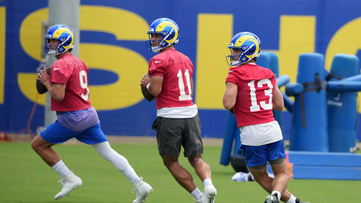 Los Angeles Rams quarterbacks Matthew Stafford, Jimmy Garoppolo and Stetson Bennett