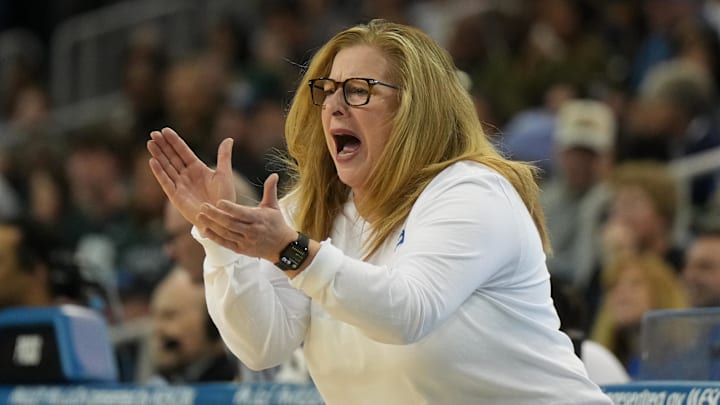 Feb 16, 2025; Los Angeles, California, USA; UCLA Bruins head coach Cori Close reacts against the Michigan State Spartans in the first half at Pauley Pavilion presented by Wescom. Mandatory Credit: Kirby Lee-Imagn Images