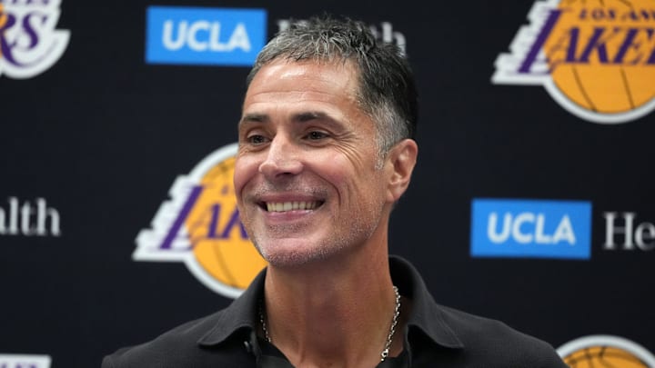 Sep 25, 2024; El Segundo, CA, USA; Los Angeles Lakers general manager Rob Pelinka at press conference at UCLA Health Training Center. Mandatory Credit: Kirby Lee-Imagn Images
