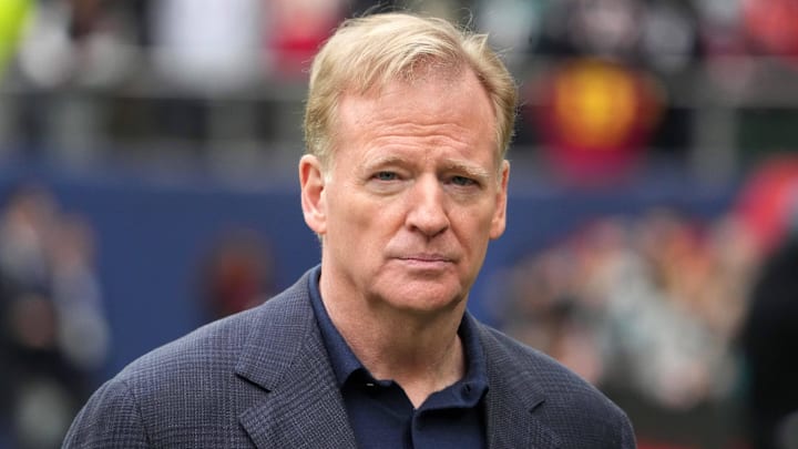 Oct 13, 2024; London, United Kingdom; NFL commissioner Roger Goodell attends an NFL International Series game between the Chicago Bears and the Jacksonville Jaguars at Tottenham Hotspur Stadium. Mandatory Credit: Kirby Lee-Imagn Images