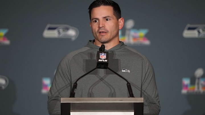 Seattle Seahawks head coach Mike MacDonald talks to media members.
