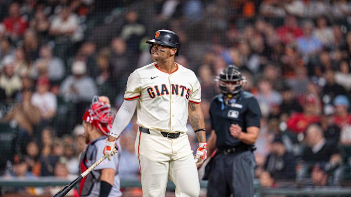 Sep 24, 2025; San Francisco, California, USA; San Francisco Giants designated hitter Rafael Devers (16) reacts after striking out against the St. Louis Cardinals during the seventh inning at Oracle Park. Mandatory Credit: Neville E. Guard-Imagn Images Sep 24, 2025; San Francisco, California, USA; San Francisco Giants designated hitter Rafael Devers (16) reacts after striking out against the St. Louis Cardinals during the seventh inning at Oracle Park. Mandatory Credit: Neville E. Guard-Imagn Images