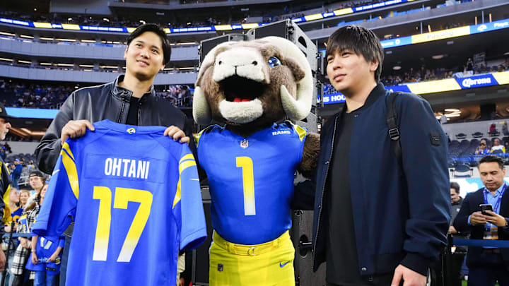 Dec 21, 2023; Inglewood, California, USA; Los Angeles Dodgers player Shohei Ohtani (left) and