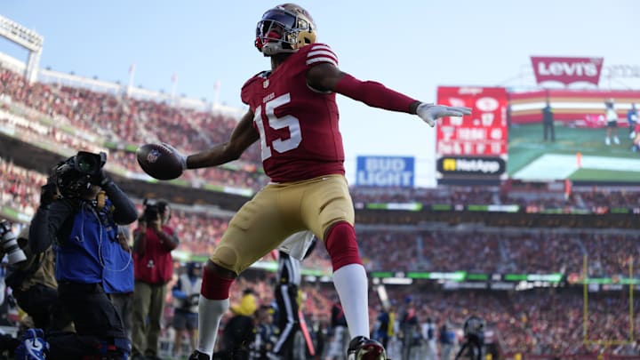 Dec 14, 2025; Santa Clara, California, USA;  San Francisco 49ers wide receiver Jauan Jennings (15) celebrates scoring a touchdown against Tennessee Titans during the third quarter at Levi's Stadium. Mandatory Credit: Kyle Terada-Imagn Images