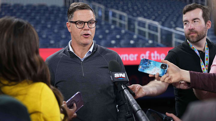 May 18, 2024; Toronto, Ontario, CAN; Toronto Blue Jays general manager Ross Atkins addresses the media before a game against the Tampa Bay Rays at Rogers Centre.