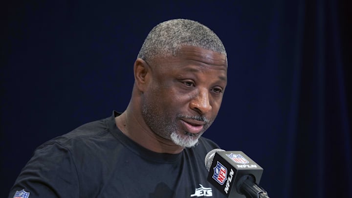 Feb 25, 2025; Indianapolis, IN, USA; New York Jets coach Aaron Glenn speaks during the NFL Scouting Combine at the Indiana Convention Center. Mandatory Credit: Kirby Lee-Imagn Images Feb 25, 2025; Indianapolis, IN, USA; New York Jets coach Aaron Glenn speaks during the NFL Scouting Combine at the Indiana Convention Center. Mandatory Credit: Kirby Lee-Imagn Images