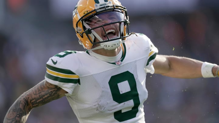 Green Bay Packers wide receiver Christian Watson (9) reacts after making a 48-yard reception during the fourth quarter of their game Sunday, November 17, 2024 at Solider Field in Chicago, Illinois. The Green Bay Packers beat the Chicago Bears 20-19.