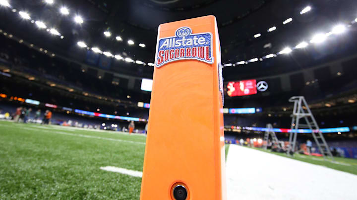 Jan 1, 2018; New Orleans, LA, USA; The Sugar Bowl logo is seen on a end zone pylon before the 2018 Sugar Bowl college football playoff semifinal game between the Alabama Crimson Tide and the Clemson Tigers at the Mercedes-Benz Superdome. Mandatory Credit: Kevin Jairaj-Imagn Images