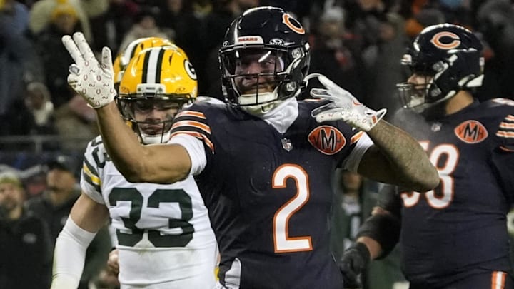 Jan 10, 2026; Chicago, IL, USA; Chicago Bears wide receiver DJ Moore (2) reacts after making a first down catch against the Green Bay Packers during the first half of an NFC Wild Card Round game at Soldier Field. Mandatory Credit: David Banks-Imagn Images Jan 10, 2026; Chicago, IL, USA; Chicago Bears wide receiver DJ Moore (2) reacts after making a first down catch against the Green Bay Packers during the first half of an NFC Wild Card Round game at Soldier Field. Mandatory Credit: David Banks-Imagn Images