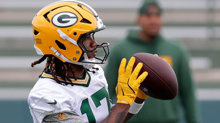 Green Bay Packers wide receiver Sam Brown Jr. (17) catches a pass during the team's first day of minicamp on June 10, 2025, at Ray Nitschke Field in Ashwaubenon, Wis.