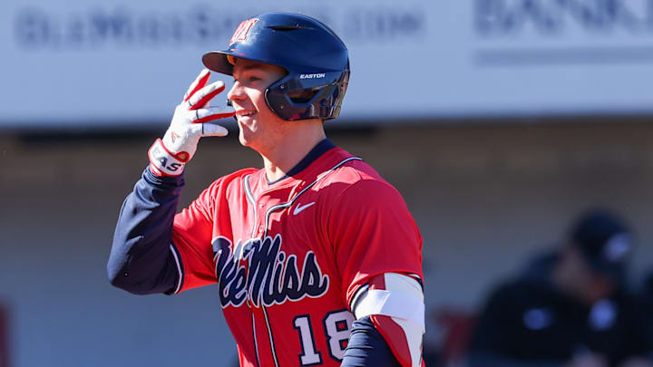Ole Miss Rebels OF Ryan Moerman celebrates as he rounds the bases after hitting a solo home run in the third inning against the Eastern Kentucky Colonels at Swayze Field in Oxford, Miss.