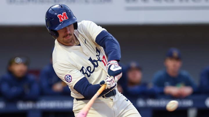 Ole Miss INF Judd Utermark hits a home run against the Murray State Racers at Swayze Field in Oxford, Miss., on March 5, 2025.