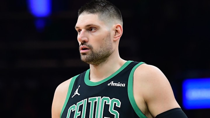 Feb 6, 2026; Boston, Massachusetts, USA;  Boston Celtics center Nikola Vucevic enters the game during the first half against the Miami Heat at TD Garden. Mandatory Credit: Bob DeChiara-Imagn Images