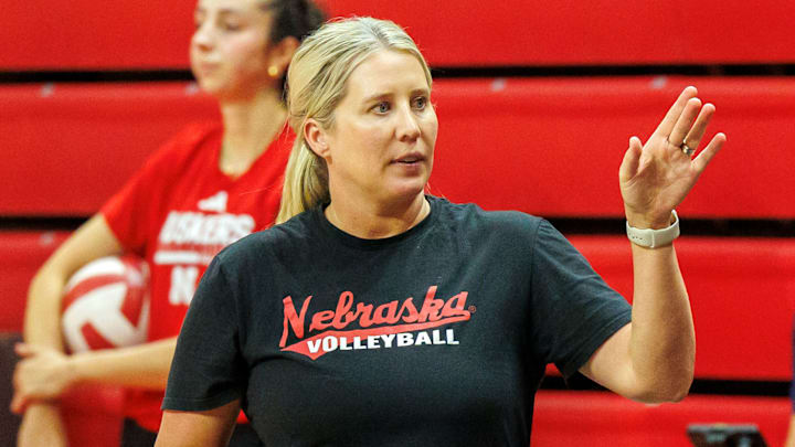 Nebraska volleyball coach Dani Busboom Kelly at practice ahead of the 2025 season.