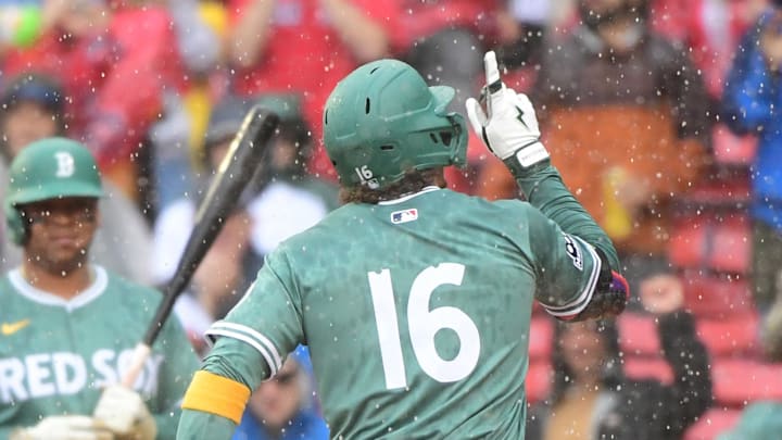 May 24, 2025; Boston, Massachusetts, USA; Boston Red Sox left fielder Jarren Duran (16) reacts after hitting a home run during the first inning against the Baltimore Orioles at Fenway Park. 