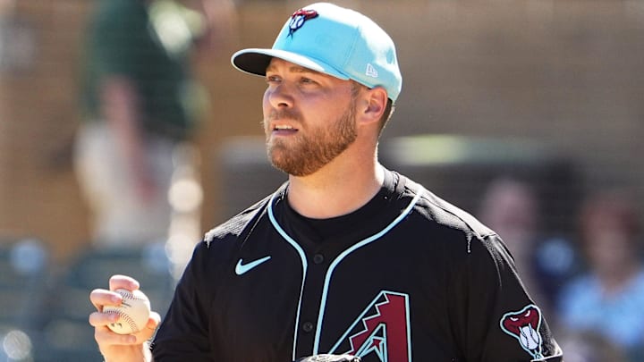 Arizona Diamondbacks pitcher Corbin Burnes against the Milwaukee Brewers in the first inning of a spring training game on Feb. 26, 2025, in Scottsdale at Salt River Fields at Talking Stick