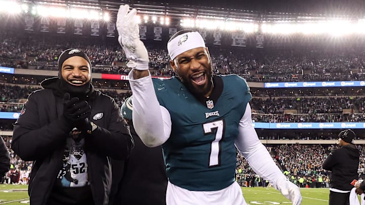 Jan 29, 2023; Philadelphia, Pennsylvania, USA; Philadelphia Eagles linebacker Haason Reddick (7)