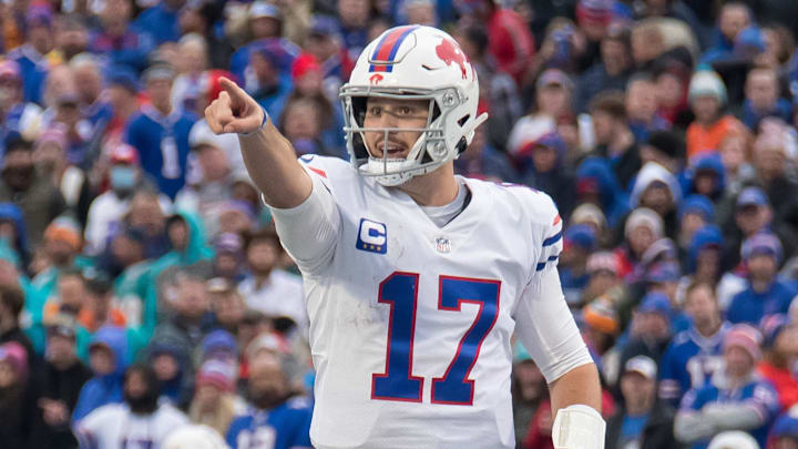 Oct 31, 2021; Orchard Park, New York, USA; Buffalo Bills quarterback Josh Allen (17) in the fourth quarter against the Miami Dolphins at Highmark Stadium
