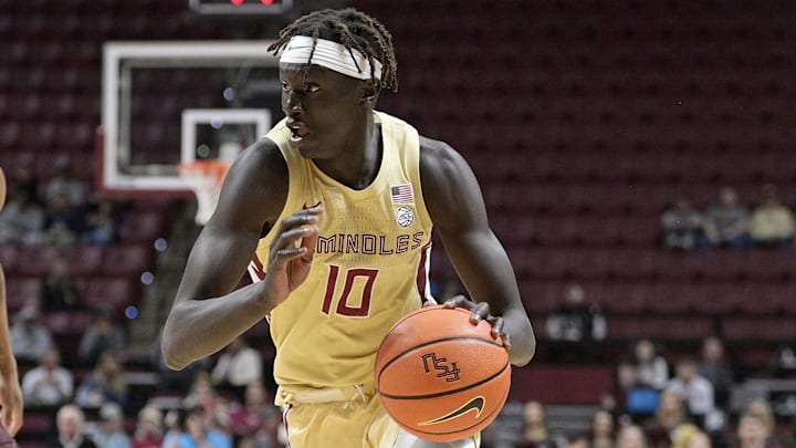 Jan 29, 2025; Tallahassee, Florida, USA; Florida State Seminoles forward Taylor Bol Bowen (10) drives to the net during the first half against the Virginia Tech Hokies at Donald L. Tucker Center. Mandatory Credit: Melina Myers-Imagn Images